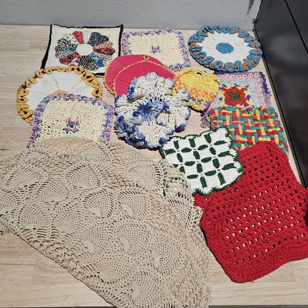 Grandma's Vintage Lot of 14 Estate Crocheted Potholders Trivets Doilies Quilted
